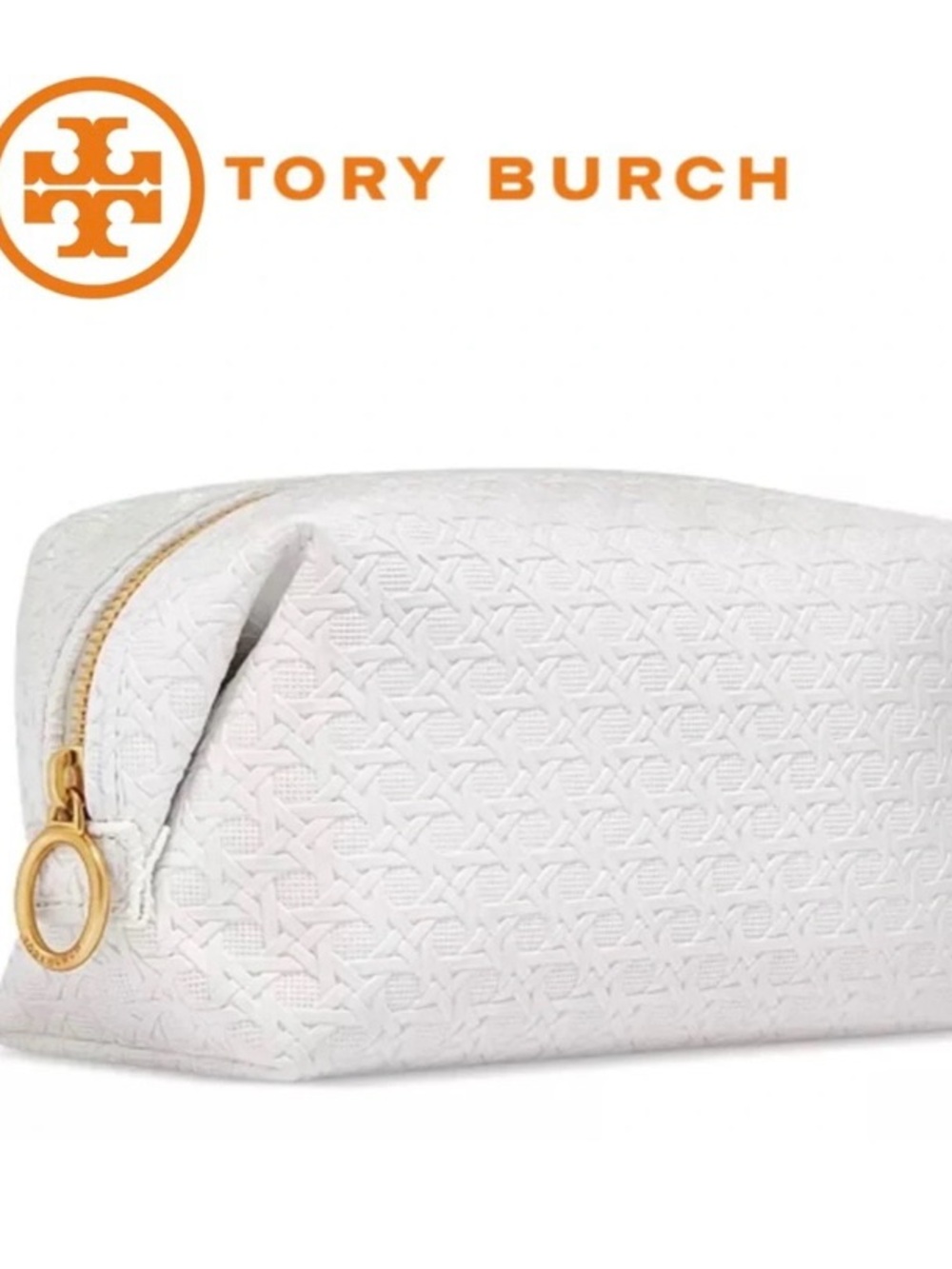 Tory Burch Woven Textured White Faux Leather Cosmetics/Toiletries Zip Pouch Bag
